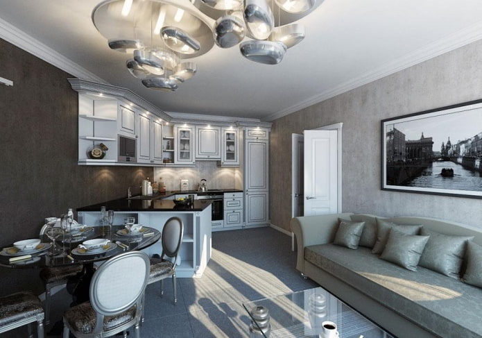 cozinha-sala de estar com gesso de concreto