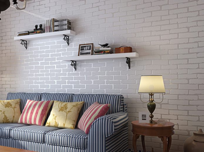 Papel de parede de tijolo branco no design da sala de estar