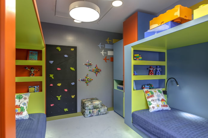 zoneamento de um quarto infantil para dois meninos em idade pré-escolar