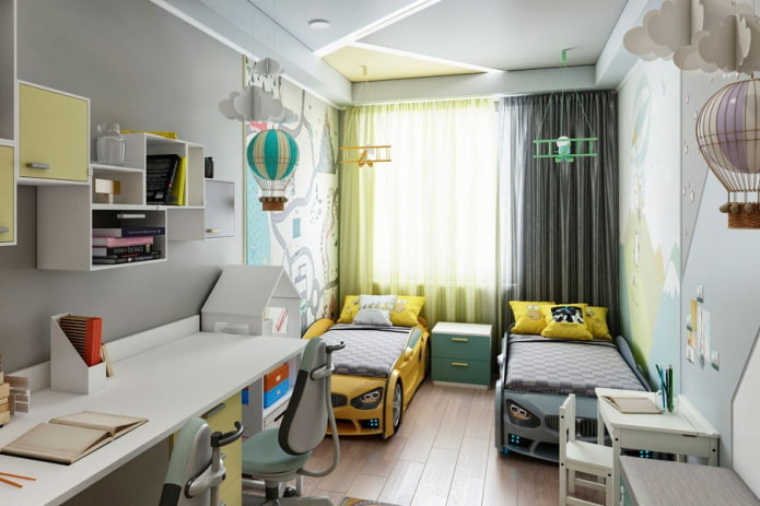 zoneamento de um quarto infantil para dois meninos em idade pré-escolar