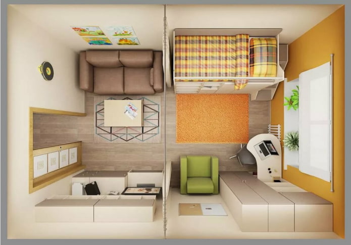 Quarto infantil e sala de estar em um apartamento de um cômodo