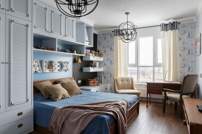 móveis no interior do quarto do bebê em estilo náutico