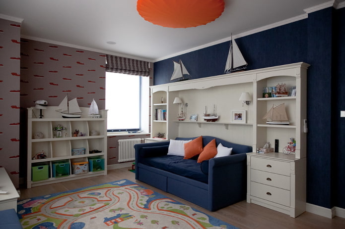 esquema de cores de um quarto infantil em estilo náutico