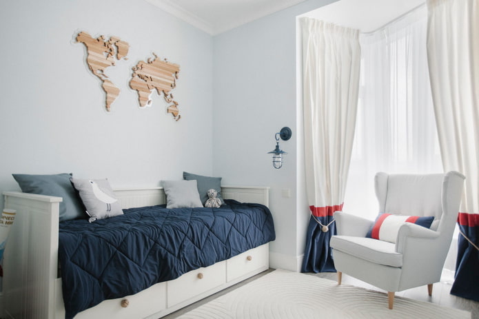esquema de cores de um quarto infantil em estilo náutico