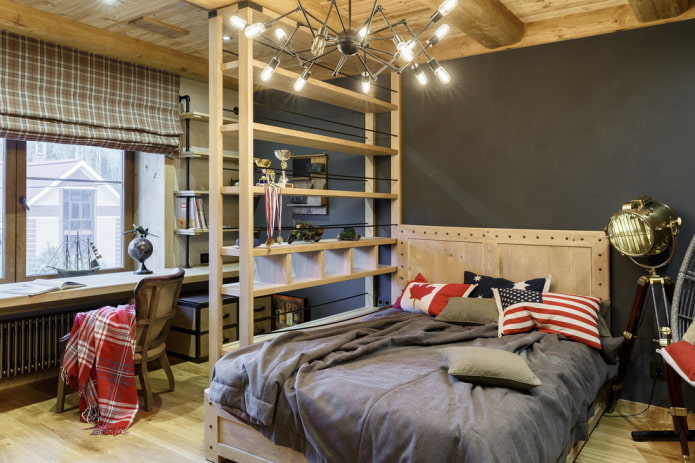 têxteis no interior de um quarto infantil em estilo industrial