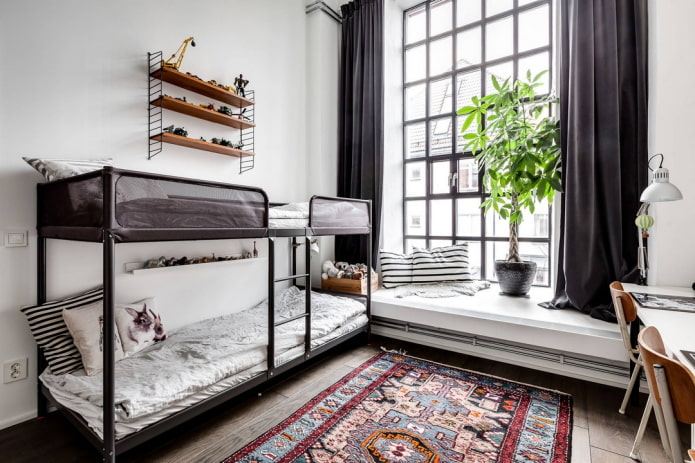 têxteis no interior de um quarto de criança em estilo industrial
