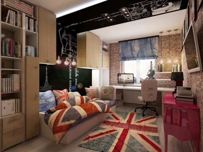 têxteis no interior de um quarto de criança em estilo industrial