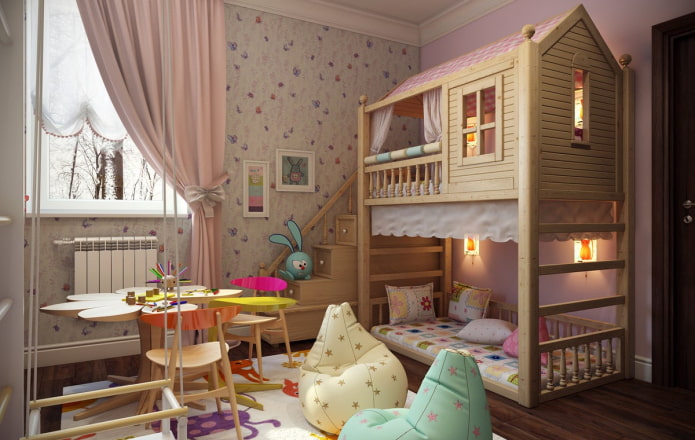 modelo de dois andares no quarto de bebê para meninas