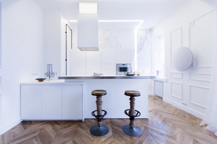 Interior de uma cozinha e sala de estar combinadas Cozinha e sala de estar com balcão de bar
