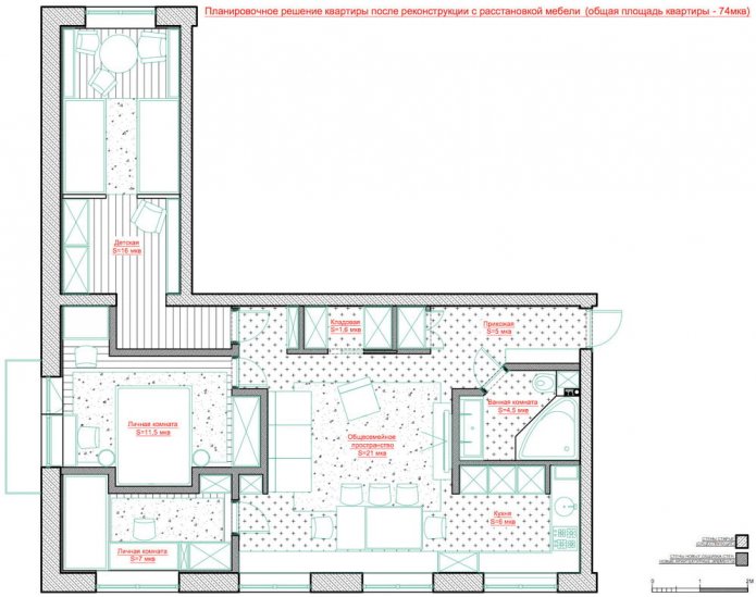 Layout de apartamento de 72 m²