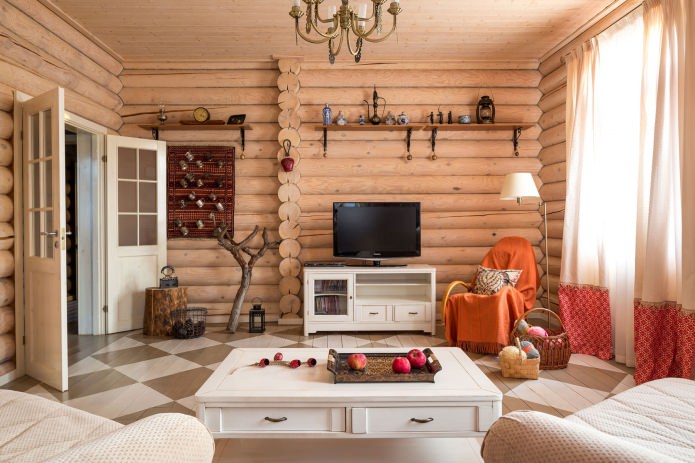 design de sala de estar em uma casa de madeira