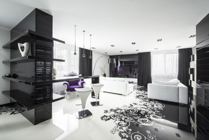 interior de quarto preto e branco com adição de roxo