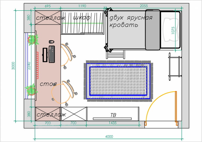 Uma variante do layout de um quarto infantil para duas pessoas