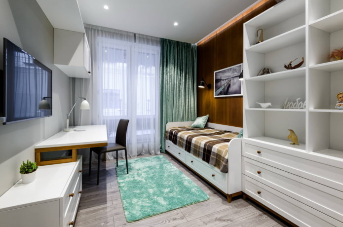 Quarto em tons de madeira e menta