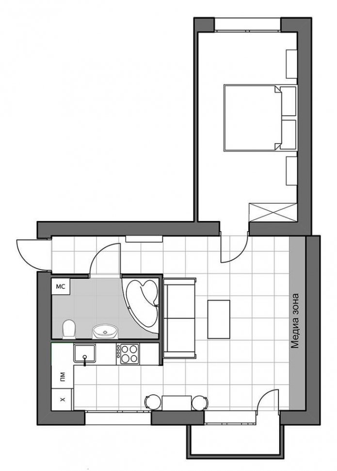 layout de um apartamento de dois cômodos em estilo europeu