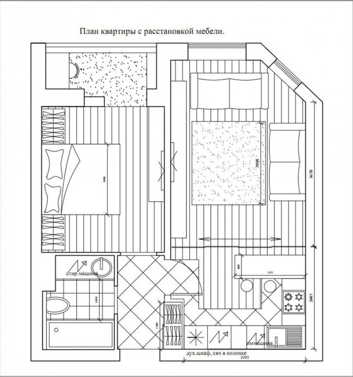 layout de um apartamento de dois cômodos de 50 m².
