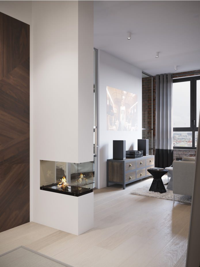 design de um corredor combinado com uma sala de estar com lareira