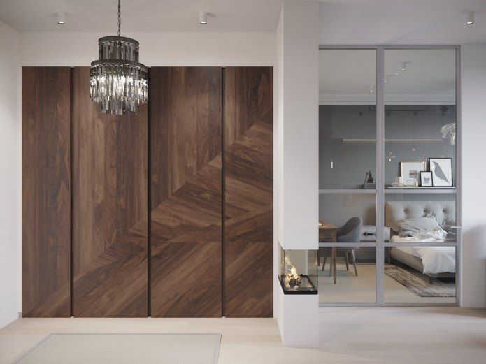 design de um corredor combinado com uma sala de estar com lareira