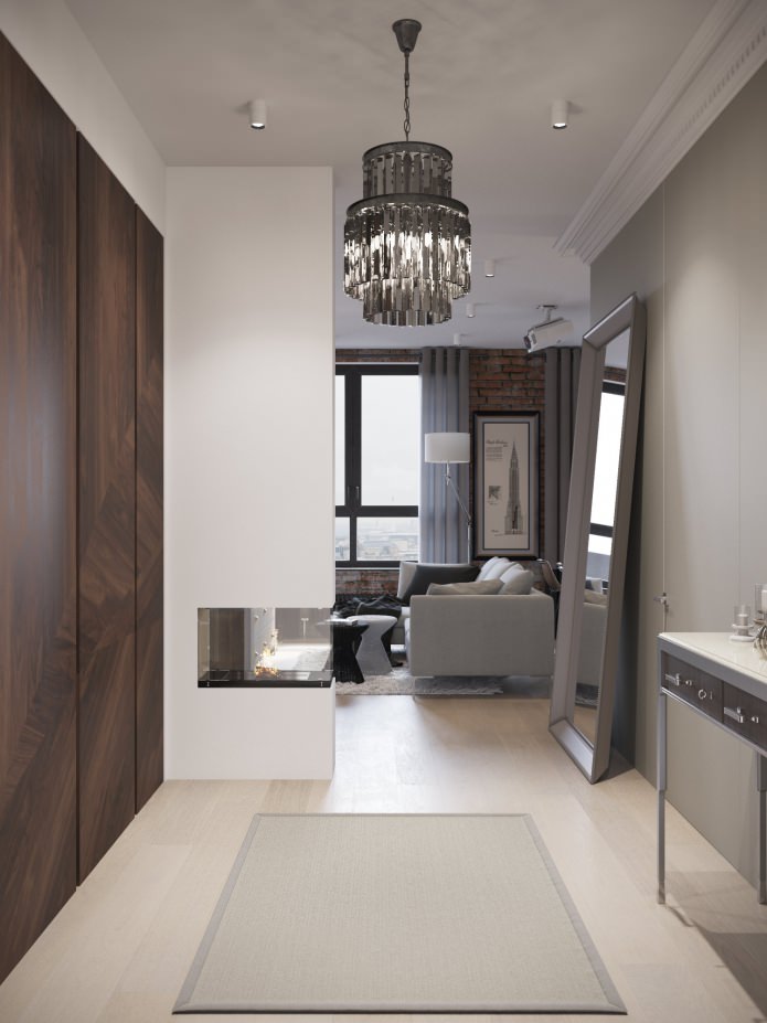 design de um corredor combinado com uma sala de estar com lareira