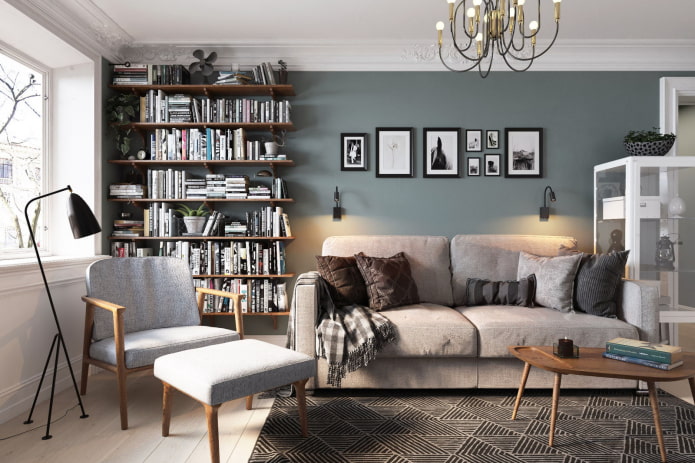 Design de sala de estar em um apartamento de dois cômodos