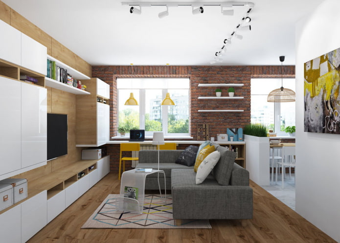 Projeto de sala de estar em um apartamento de dois cômodos