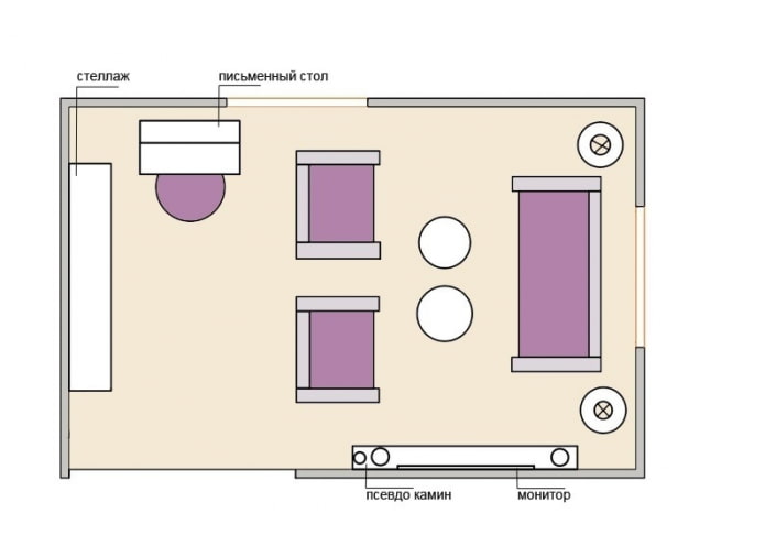 Layout de sala de estar de 15 m² com área de trabalho