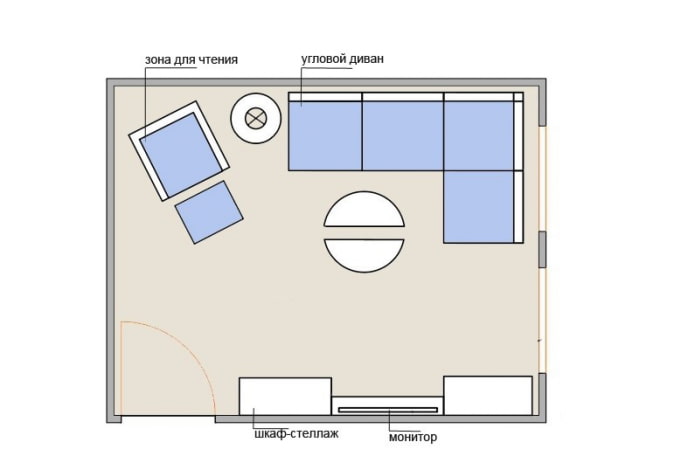 Layout de sala de estar de 15 m² com sofá de canto