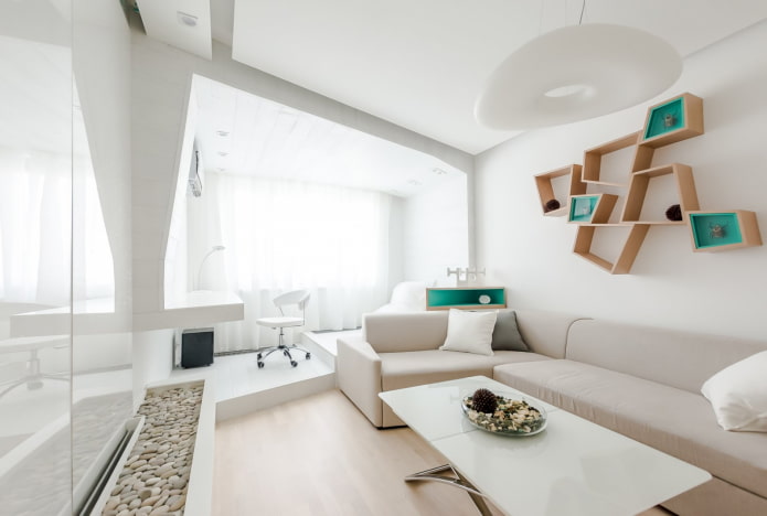 interior de um salão de 16 metros quadrados no estilo minimalista