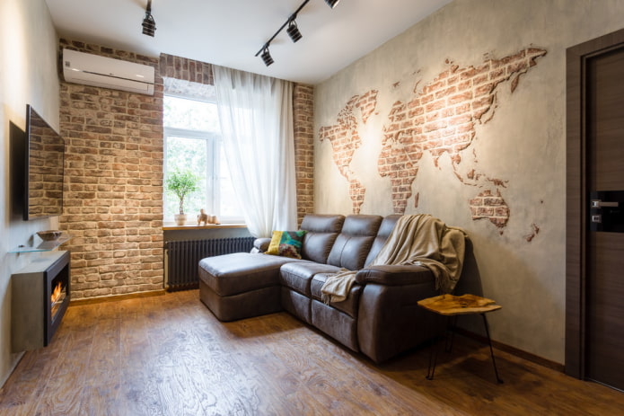 interior de uma sala de estar de 16 metros quadrados em estilo loft