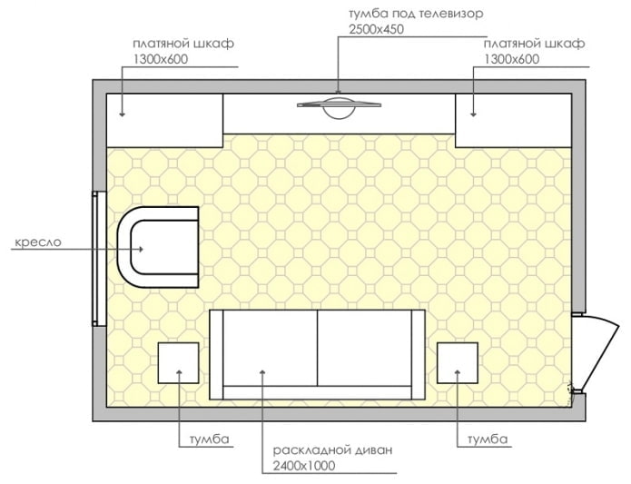 diagrama da sala de estar com um sofá pequeno