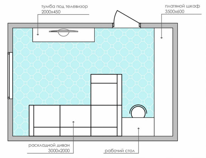 esquema de uma sala de estar retangular
