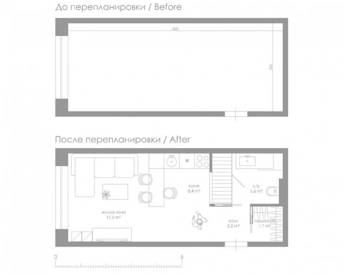 layout de um estúdio de 29 m².
