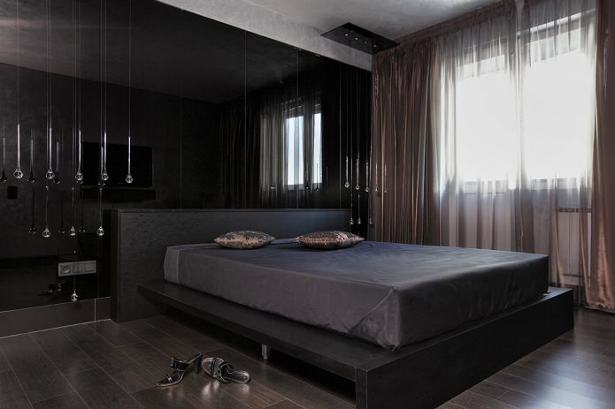 móveis no interior do quarto em tons de preto