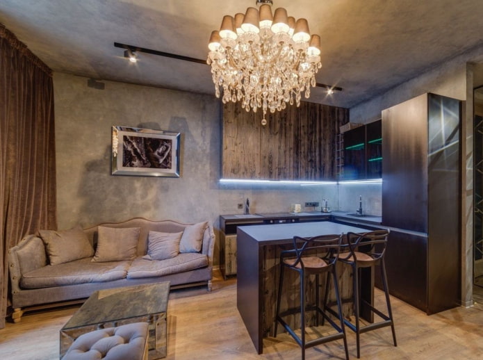 cozinha quadrada - sala de estar de 17 m²