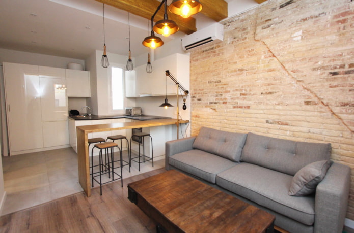 zoneamento de uma cozinha-sala de estar de 17 metros quadrados