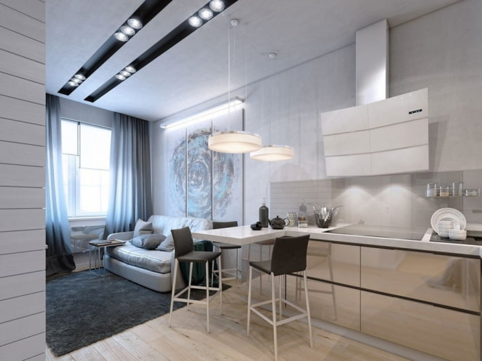 zoneamento de uma cozinha-sala de estar de 17 metros quadrados