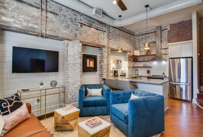cozinha-sala de estar de 17 metros quadrados em estilo loft
