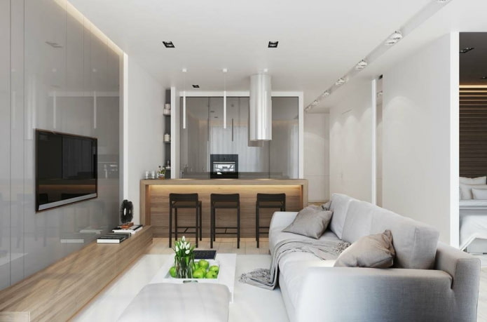 projeto de cozinha e sala de estar com 17 quadrados