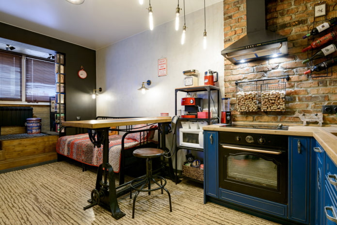 cozinha-sala de estar de 17 metros quadrados em estilo loft