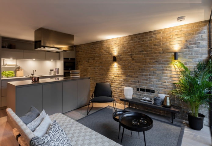projeto de uma cozinha-sala de estar de 17 metros quadrados