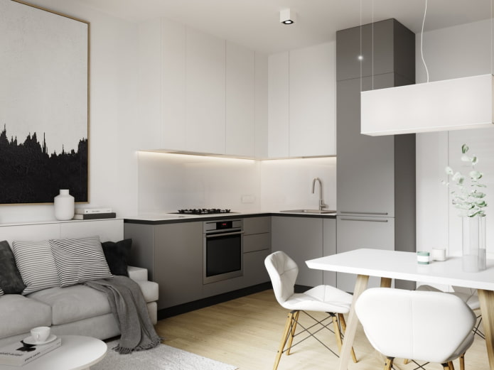 design de uma cozinha-sala de estar de 17 metros quadrados
