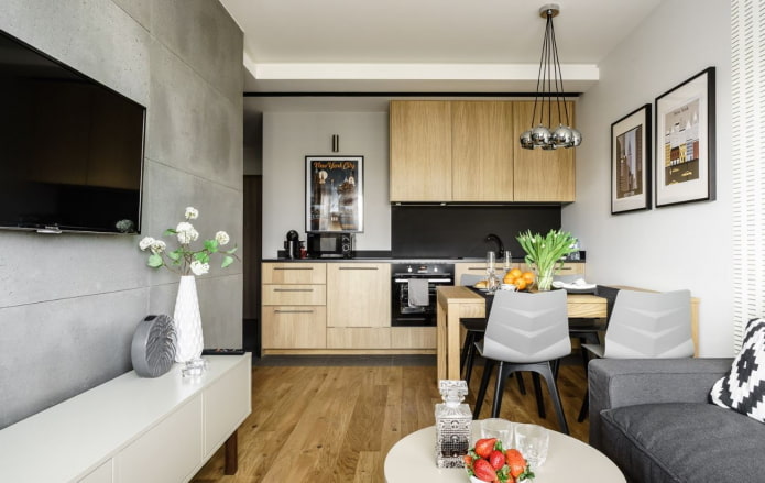 arranjo de uma cozinha-sala de estar com uma área de 20 metros quadrados