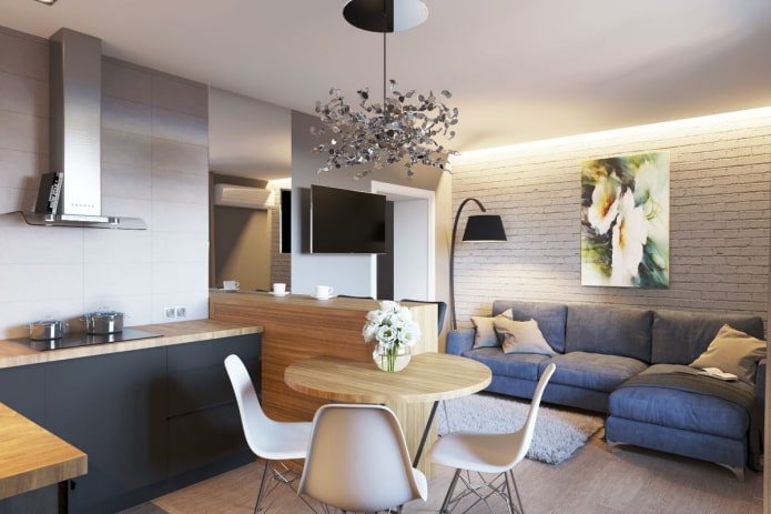 arranjo de uma cozinha-sala de estar com uma área de 20 metros quadrados