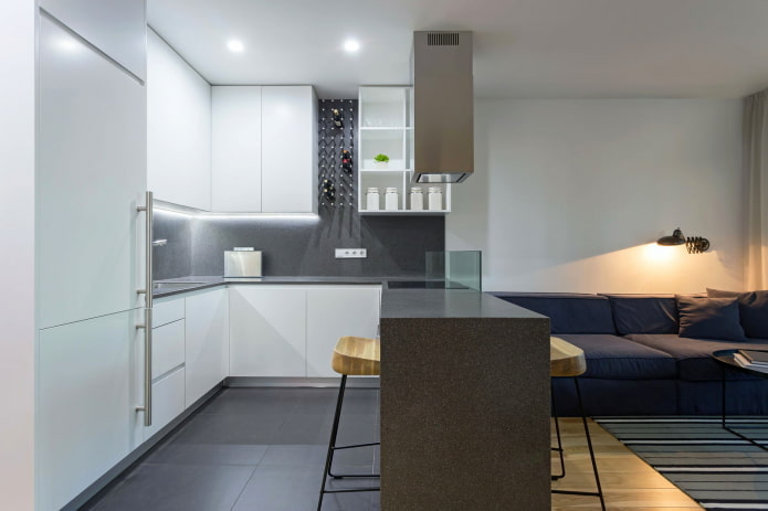cozinha-sala de estar em estilo minimalista