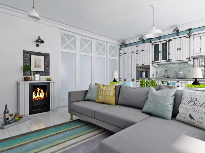 design de interiores de uma cozinha-sala de estar de 20 metros quadrados