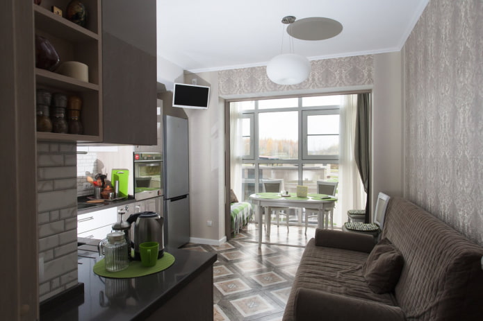 móveis no interior de uma cozinha combinada com uma loggia