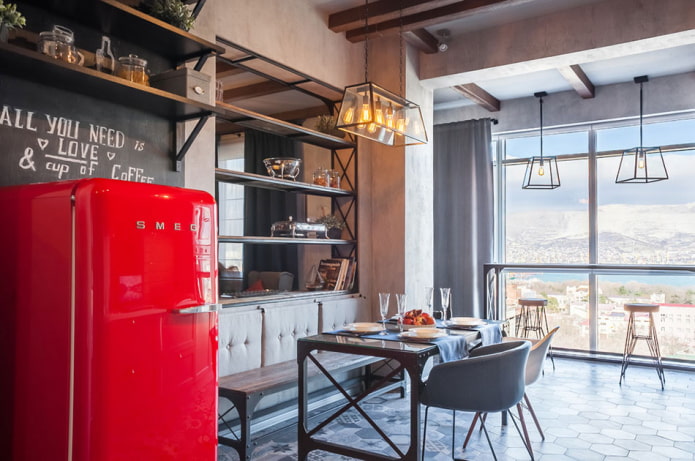 design de uma cozinha combinada com uma galeria em estilo loft