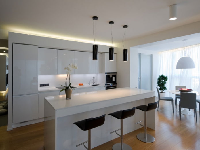 design de uma cozinha combinada com uma galeria em estilo loft: minimalismo