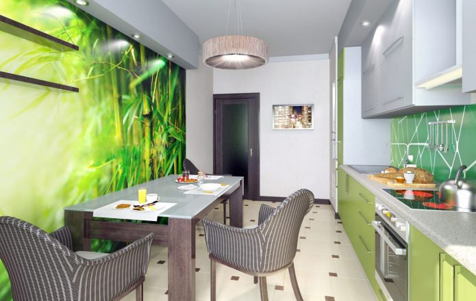 Papel de parede verde na cozinha em estilo moderno