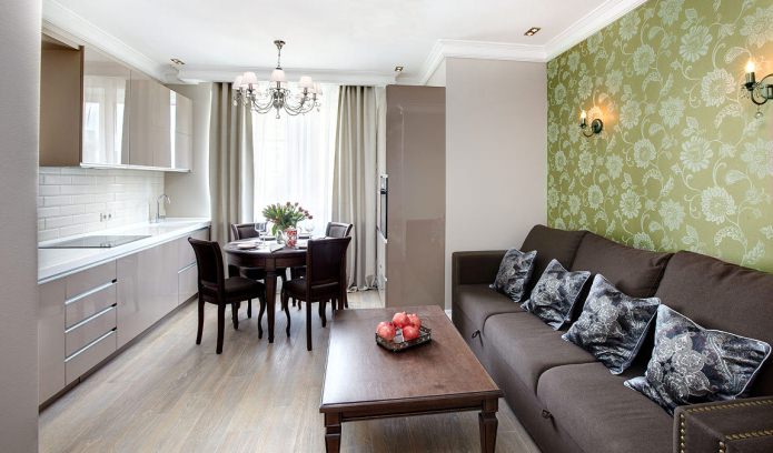 Cortinas para a cozinha com papel de parede verde